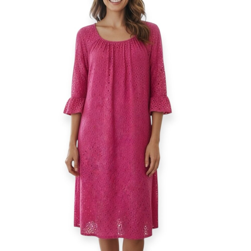 Bedford Fair Pink Eyelet Midi Dress 22W Lined Stretch Pullover Scoop Neck Ruffle